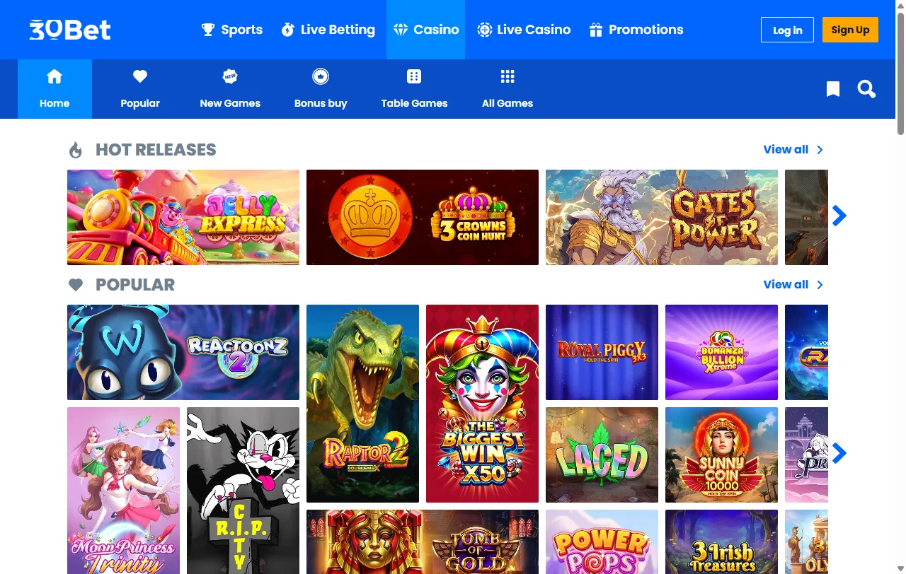 Estructura de bonos de 30 bet Casino México con bono de bienvenida hasta 100% y promociones