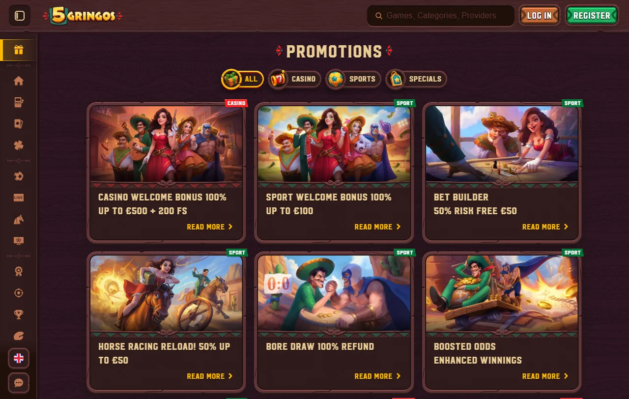 Tragamonedas, juegos de mesa y casino en vivo disponibles en 5Gringos Casino México