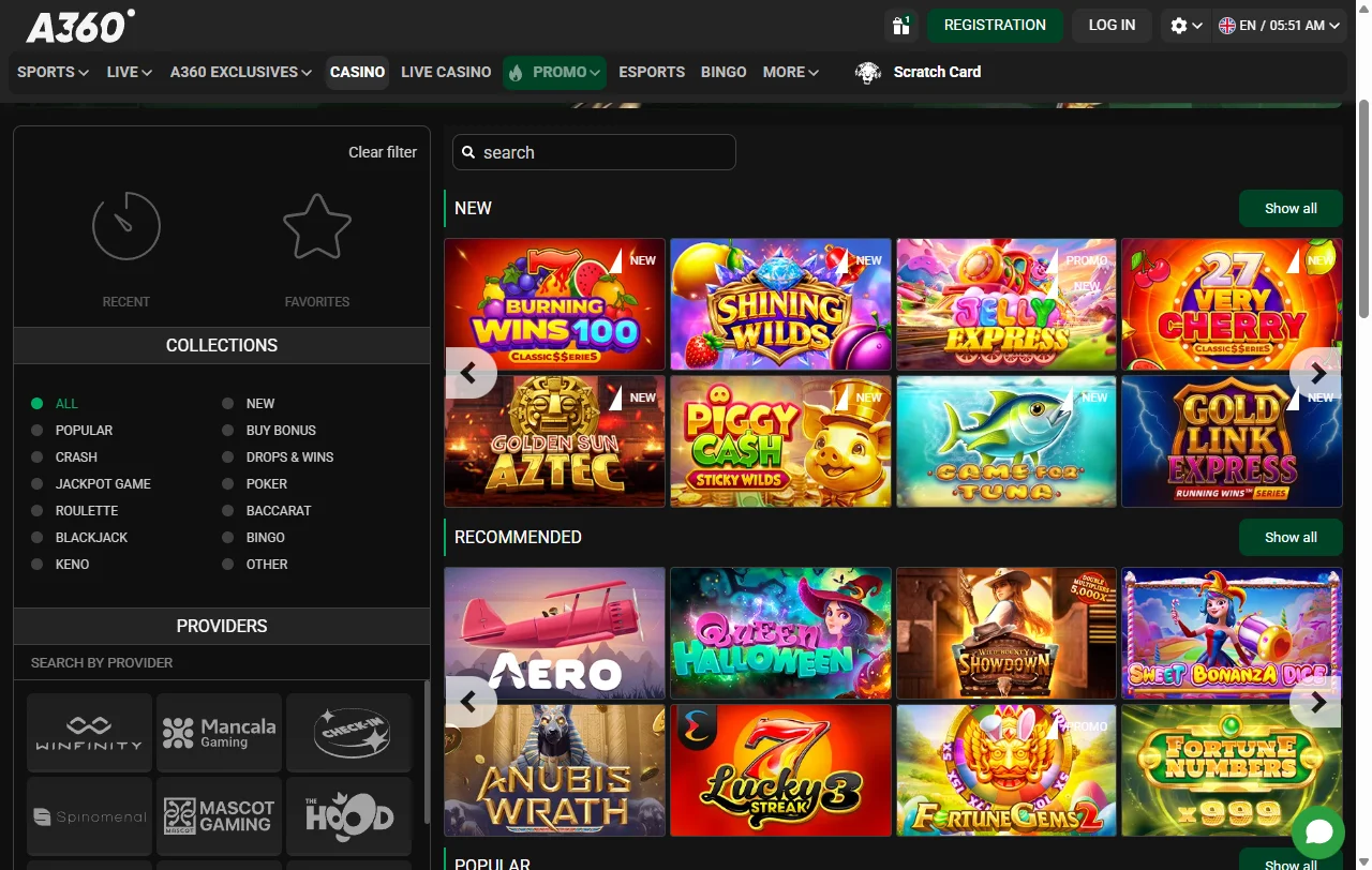 Catálogo de 3,000+ juegos y proveedores en A360 Casino México