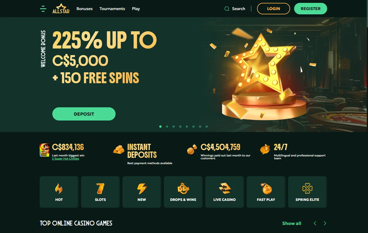 Revisión completa de AllStar Casino México mostrando interfaz de escritorio y características principales