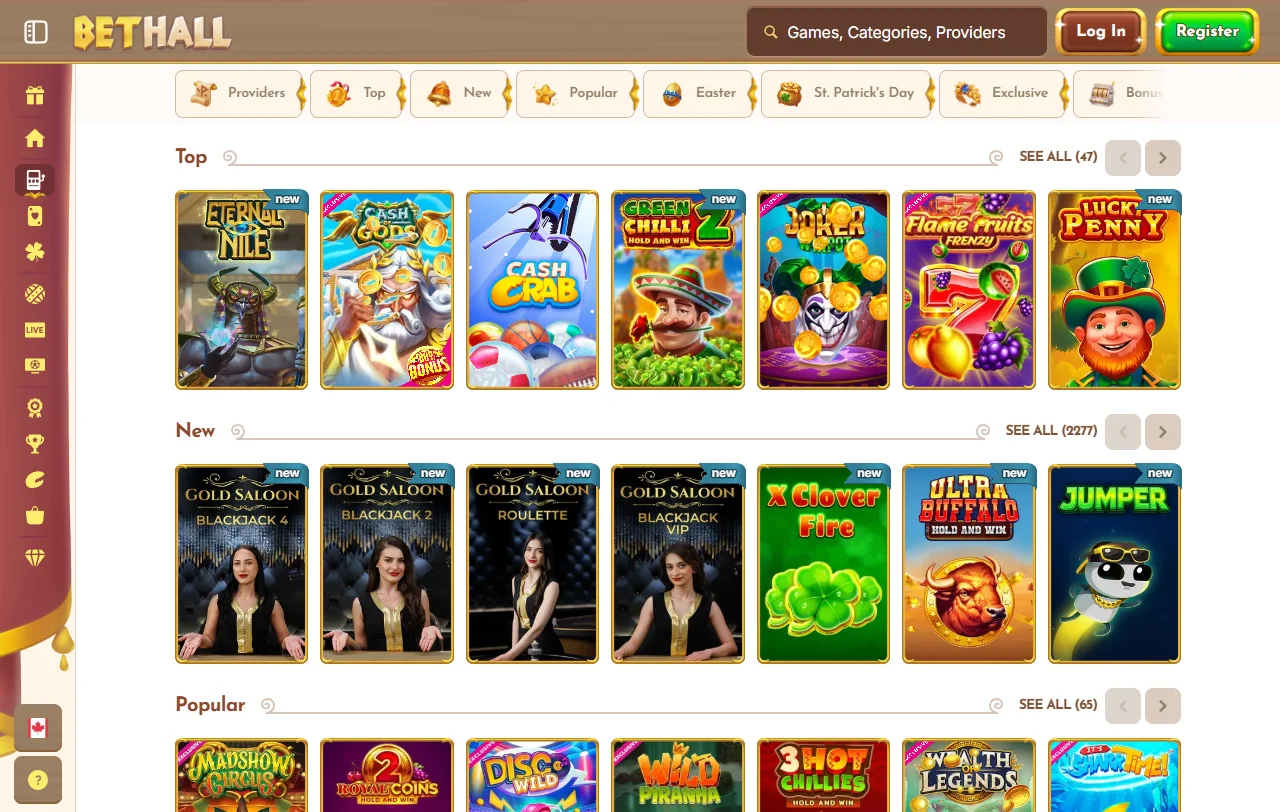 Catálogo de tragamonedas y juegos de mesa en BetHall Casino México con proveedores principales