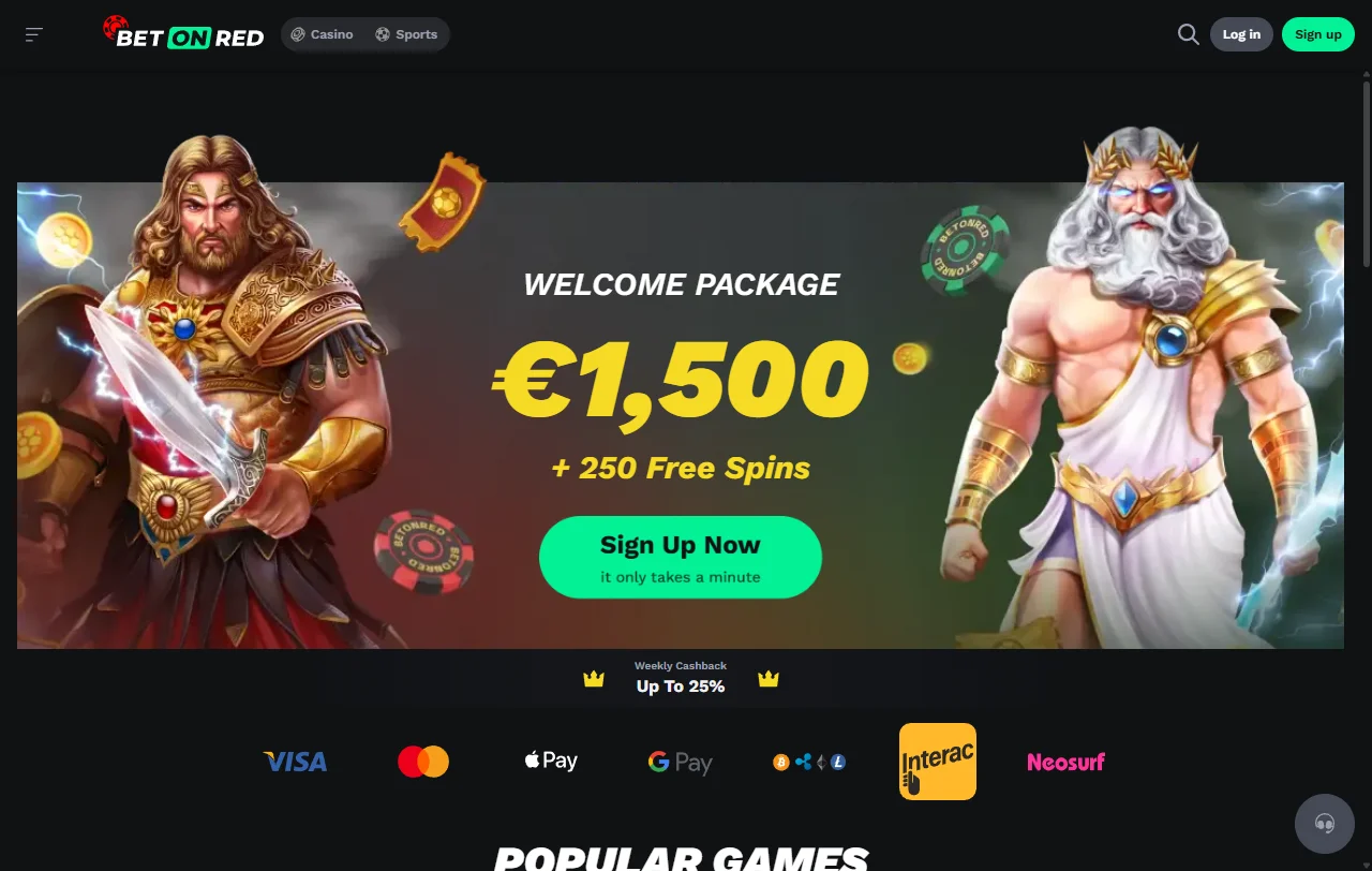 Página principal de BetOnRed Casino México mostrando catálogo completo de juegos y promociones activas