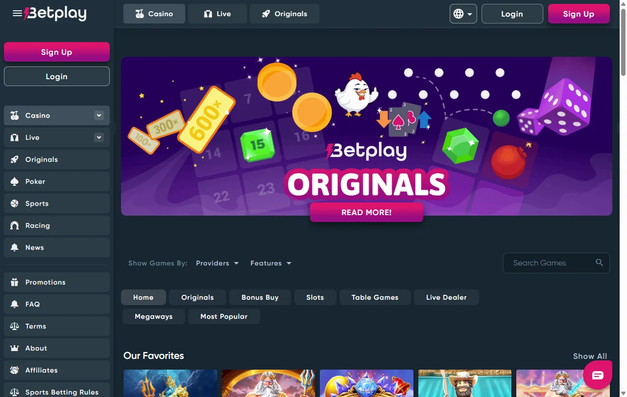 Catálogo de juegos en Betplay Casino México incluyendo tragamonedas de Pragmatic Play y Evolution Gaming en vivo