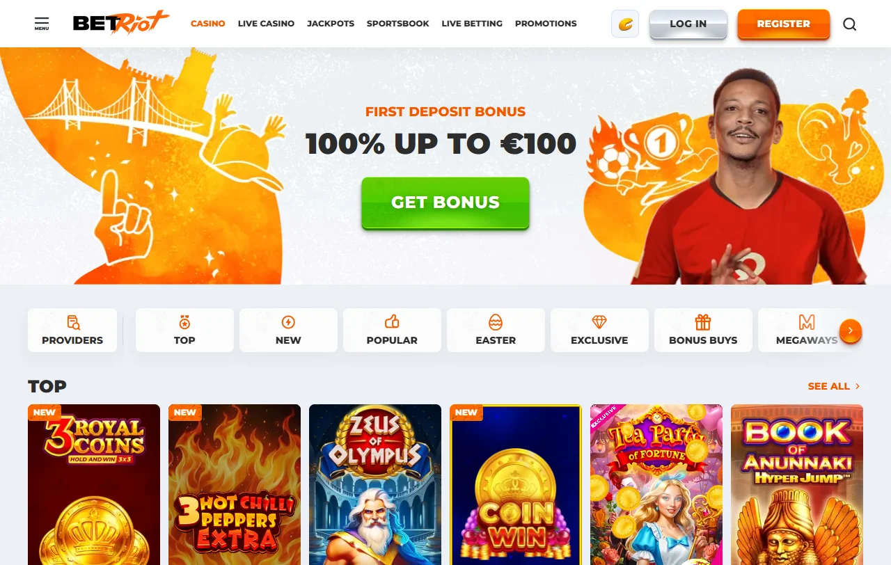 Catálogo de juegos en BetRiot Casino México con tragamonedas de Pragmatic Play, Evolution Gaming y otros proveedores destacados