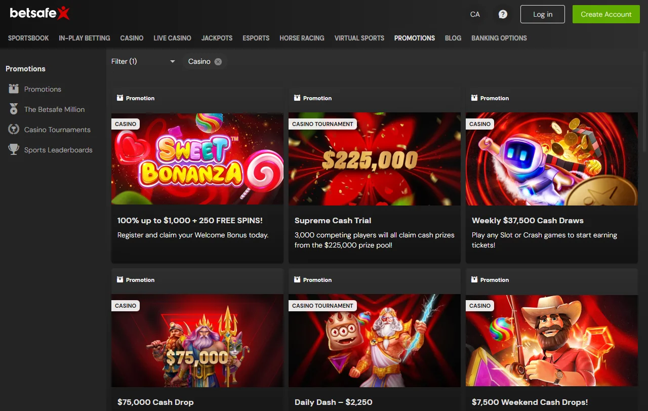 Bonificaciones de Betsafe Casino México incluyendo bono de bienvenida de 100% más 100 giros gratis