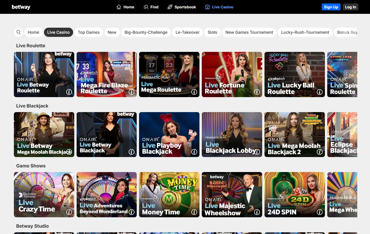 Catálogo de juegos en Betway Casino México con más de 2,500 títulos de máquinas tragamonedas y entretenimiento en vivo