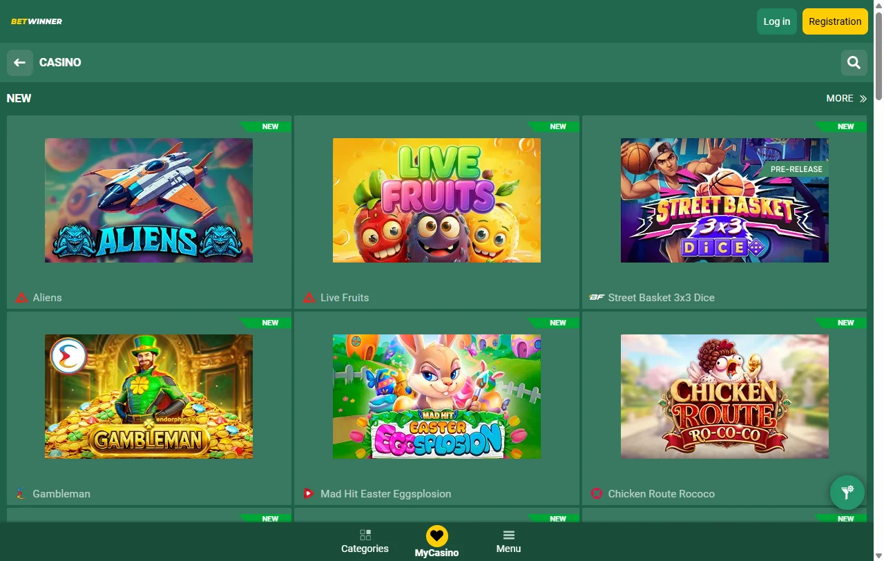 Catálogo de juegos en BetWinner Casino México incluyendo tragamonedas, mesa y casino en vivo