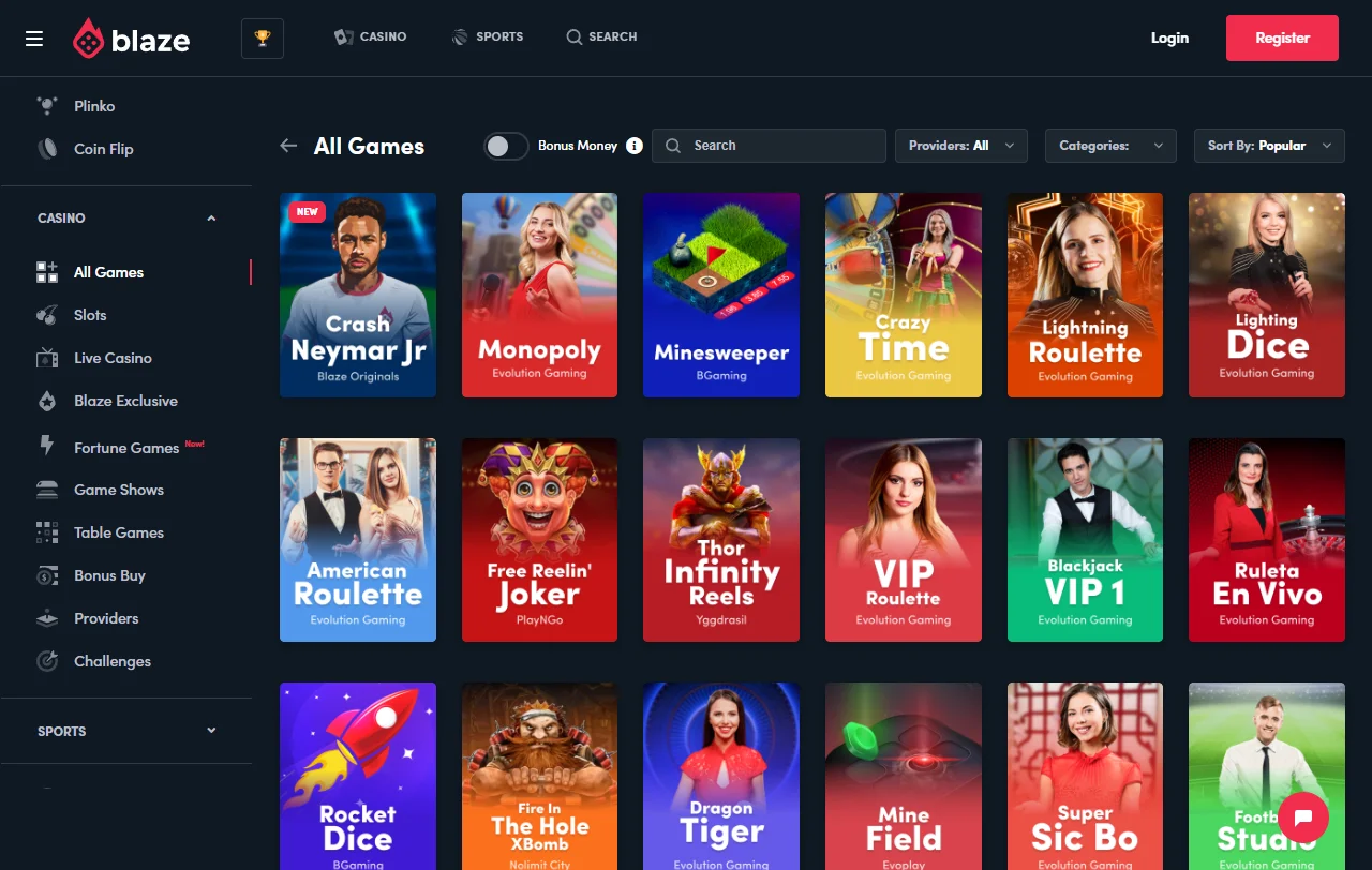 Catálogo de tragamonedas, juegos de mesa y casino en vivo disponibles en Blaze Casino México