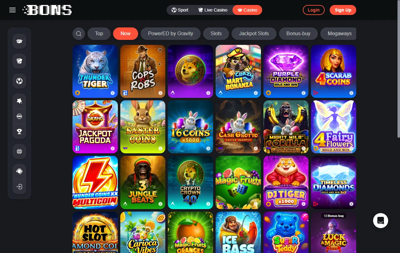 Catálogo de juegos en Bons Casino México incluyendo tragamonedas, juegos de mesa en vivo y proveedores de software premium