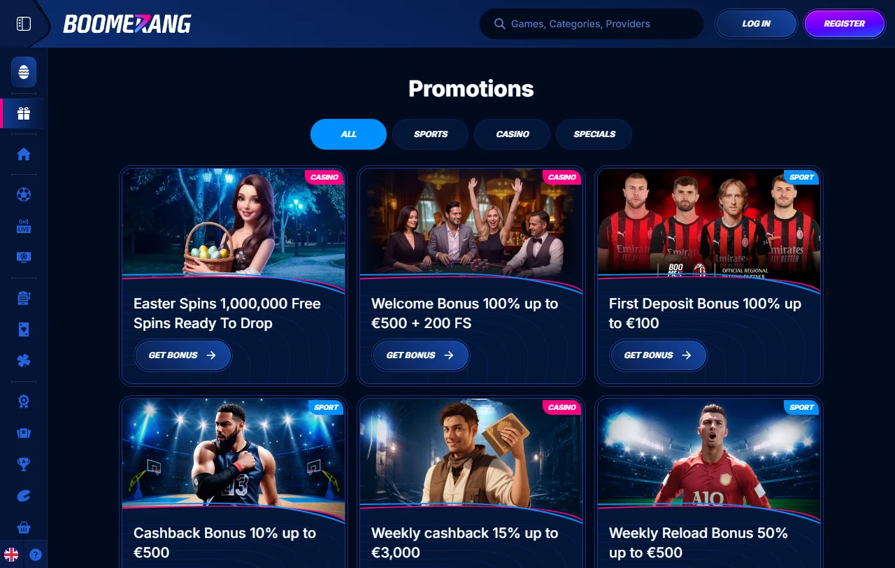 Catálogo de juegos en Boomerang Casino México con tragamonedas, mesa y opciones de casino en vivo