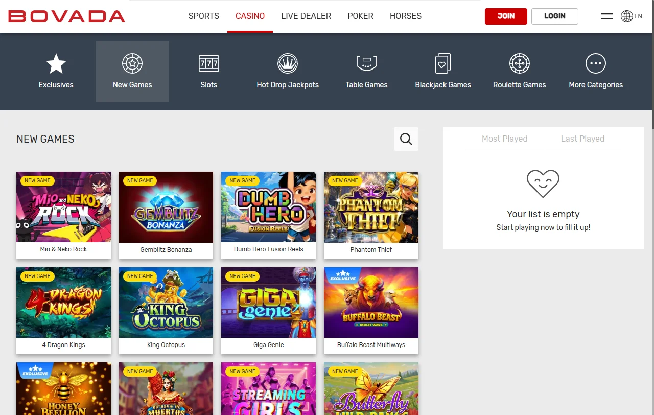 Selección de proveedores de software en Bovada Casino México incluyendo Pragmatic Play, Evolution Gaming y NetEnt