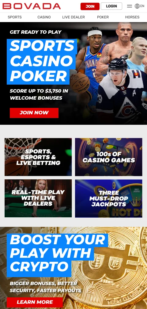 Experiencia móvil responsive de Bovada Casino México optimizada para navegación táctil en dispositivos iOS y Android