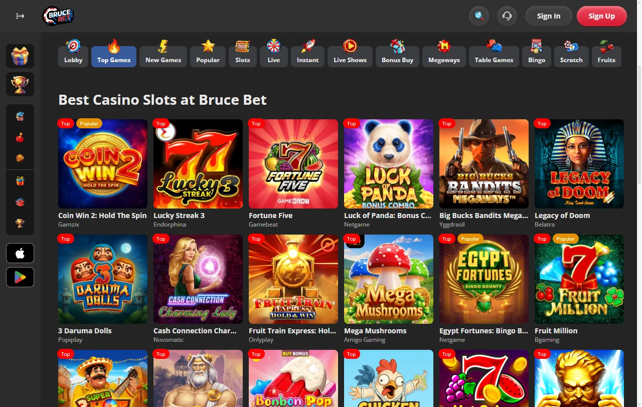 Colección de juegos y proveedores de software en BruceBet Casino México con más de 3,000 títulos