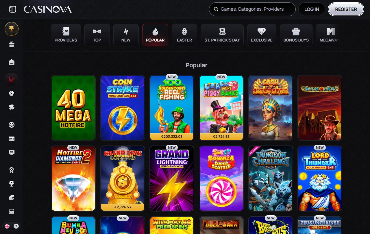 Catálogo de juegos y proveedores en Casinova Casino México incluyendo slots, mesas en vivo y títulos premium