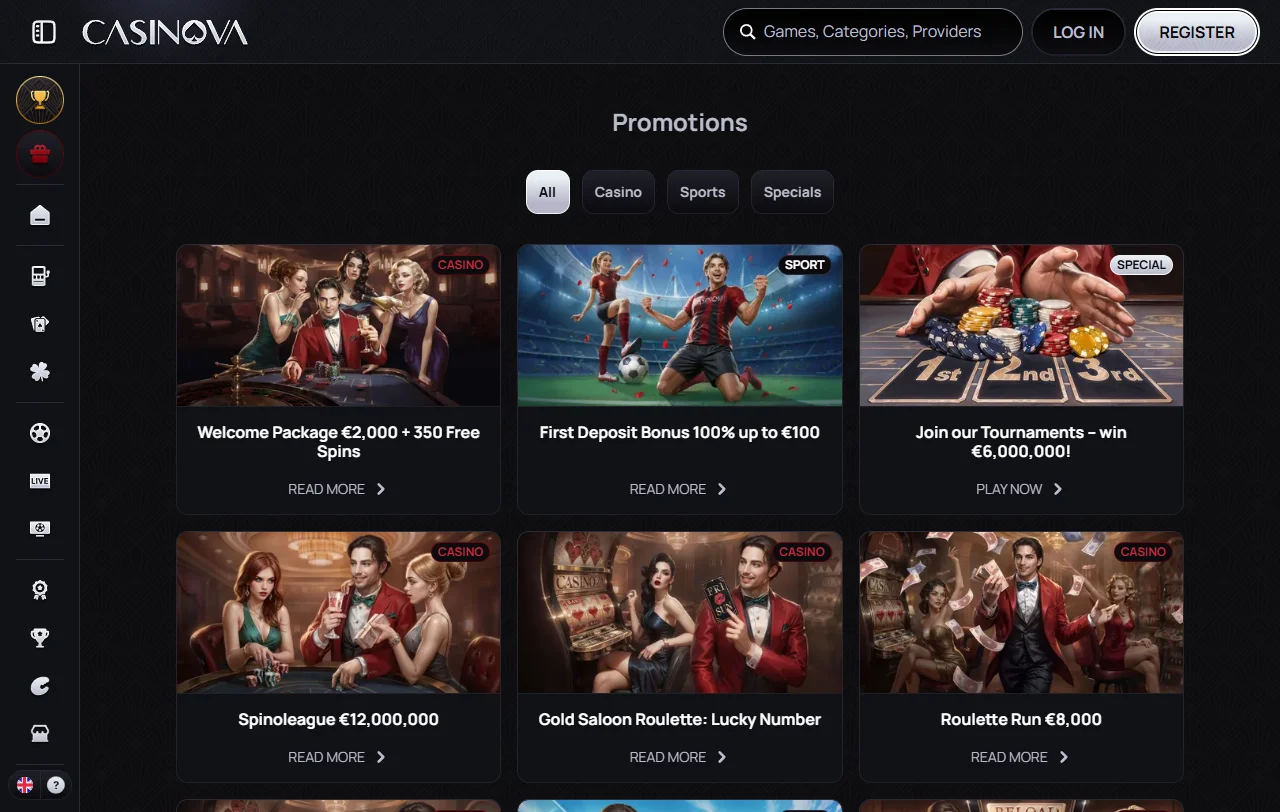 Estructura de bonificación y promociones de Casinova Casino México con bono de bienvenida y ofertas recurrentes