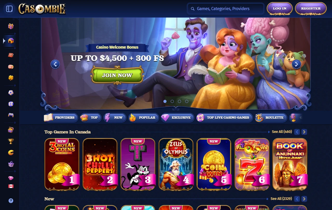 Página principal de Casombie Casino México mostrando catálogo completo de juegos y opciones de navegación