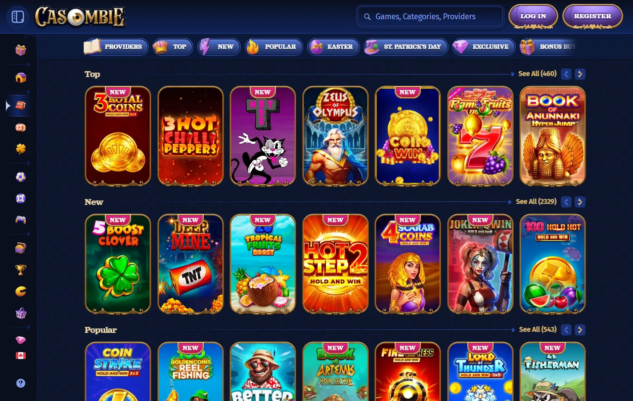Sección de tragamonedas en Casombie Casino México con filtros de proveedores incluyendo Pragmatic Play y Evolution