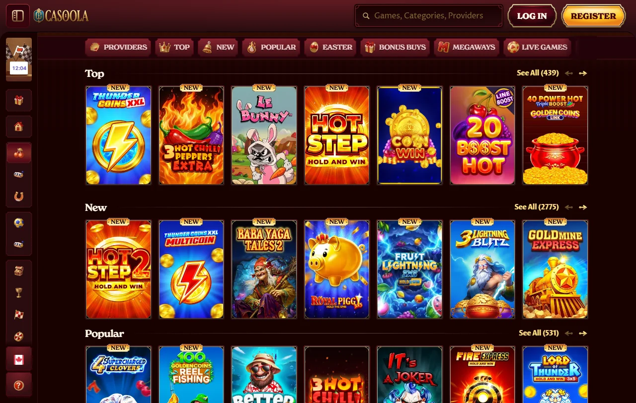 Catálogo de juegos de Casoola Casino México incluyendo tragamonedas y proveedores de software