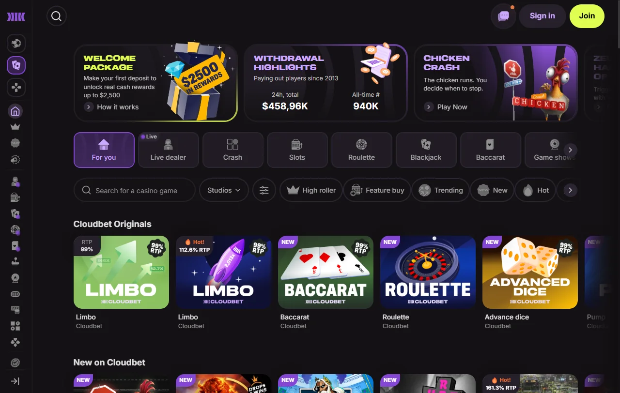 Catálogo de juegos de Cloudbet Casino México - tragamonedas, juegos de mesa y entretenimiento en vivo