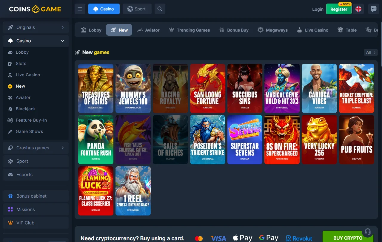 Catálogo de juegos en Coins Game Casino México incluyendo tragamonedas y proveedores de software premium