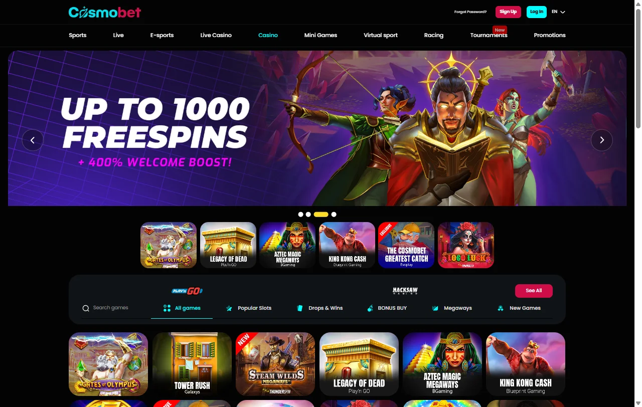 Catálogo de más de 3,500 juegos en Cosmobet Casino México desde proveedores como Pragmatic Play y Evolution Gaming