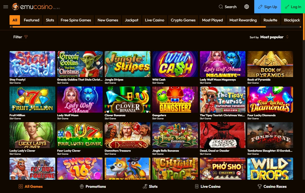 Catálogo de 3,000+ juegos en Emu Casino México incluyendo tragaperras Pragmatic Play y mesas Evolution Gaming