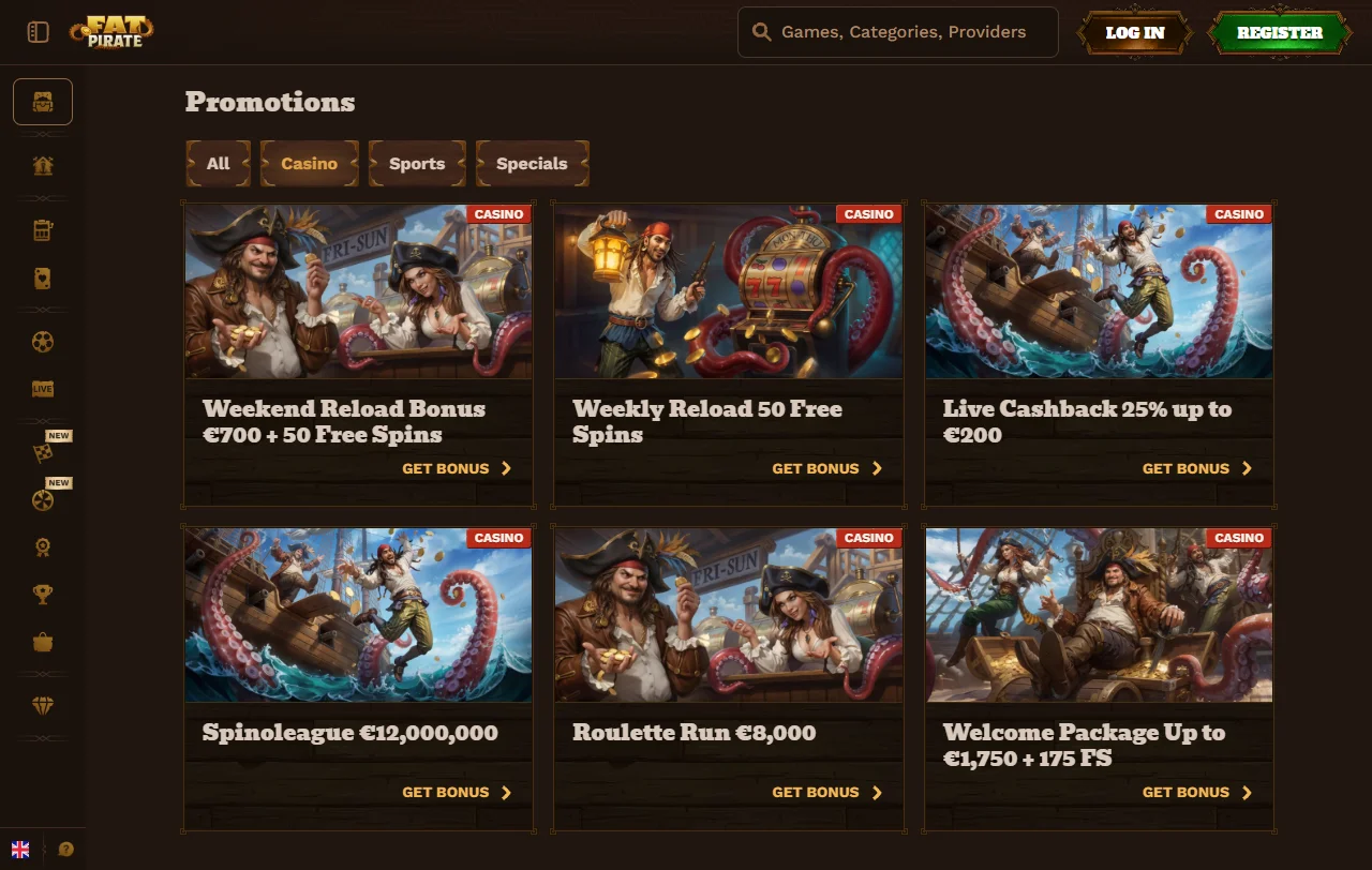 Catálogo de tragamonedas, juegos de mesa y entretenimiento en vivo en Fat Pirate Casino México