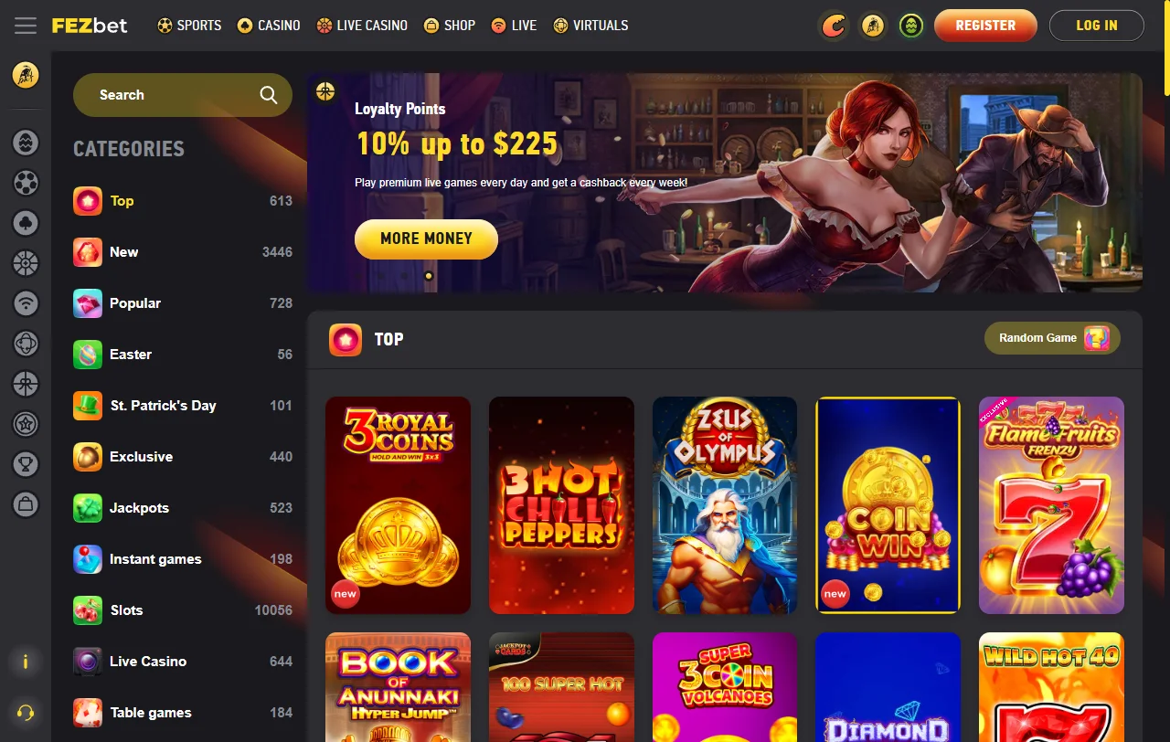 Catálogo de juegos, tragamonedas y opciones de casino en vivo disponibles en FezBet Casino México