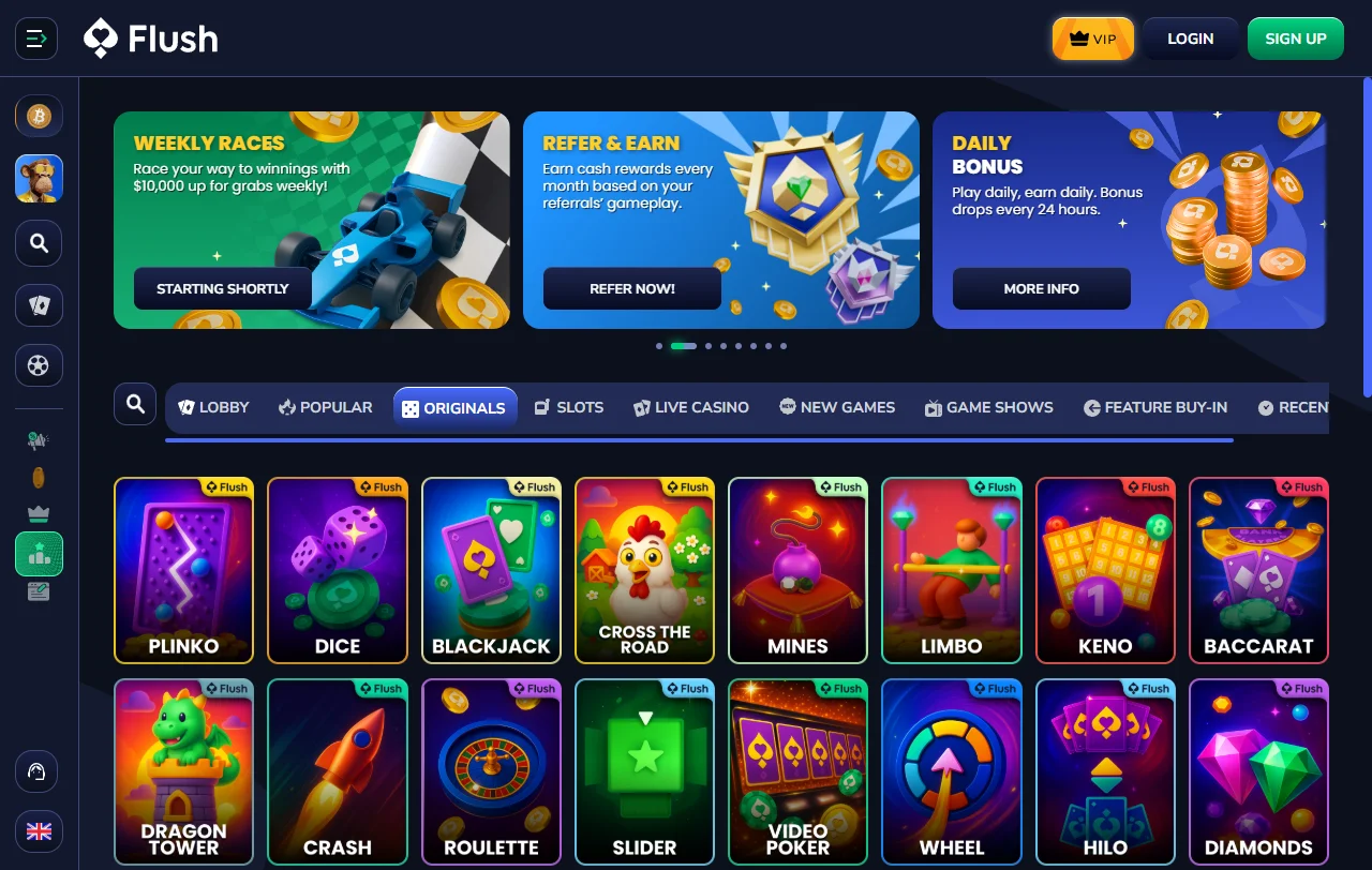 Catálogo de juegos de Flush Casino México con máquinas tragamonedas, mesa en vivo y proveedores como Pragmatic Play
