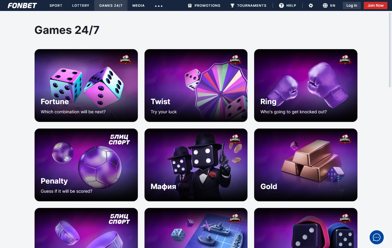 Catálogo de juegos en Fonbet Casino México incluyendo slots, mesas en vivo y especialidades