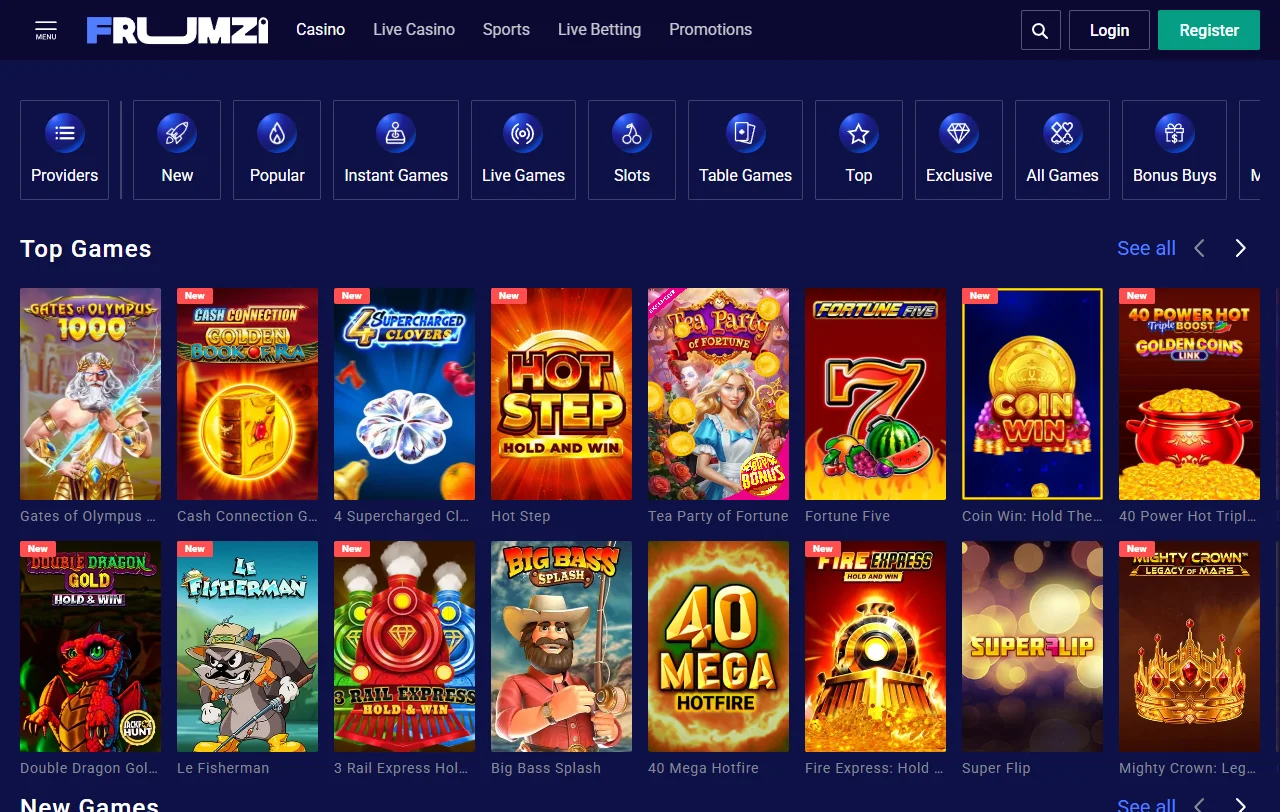 Catálogo de tragamonedas y juegos de mesa en Frumzi Casino México