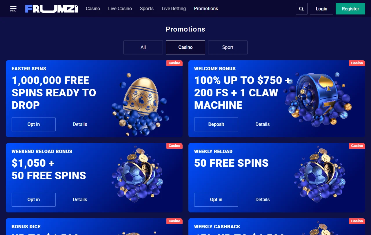 Bonificación de bienvenida y promociones disponibles en Frumzi Casino México