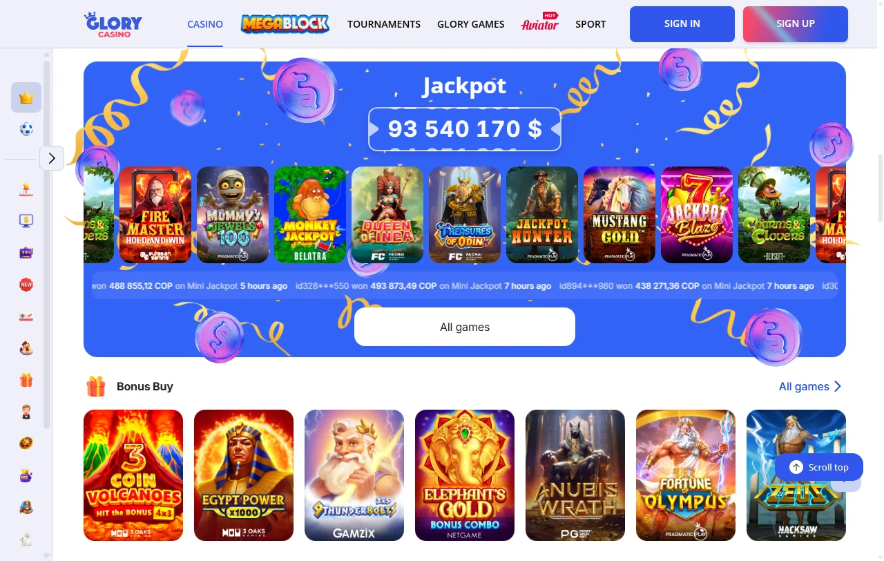 Sección de juegos y proveedores en Glory Casino México incluyendo slots y mesas en vivo