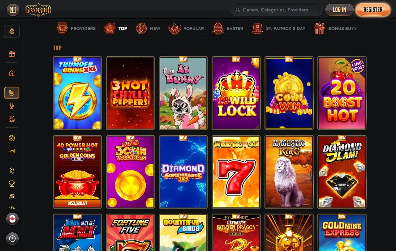 Biblioteca de juegos y proveedores de software en Gransino Casino México incluyendo Pragmatic Play y Evolution