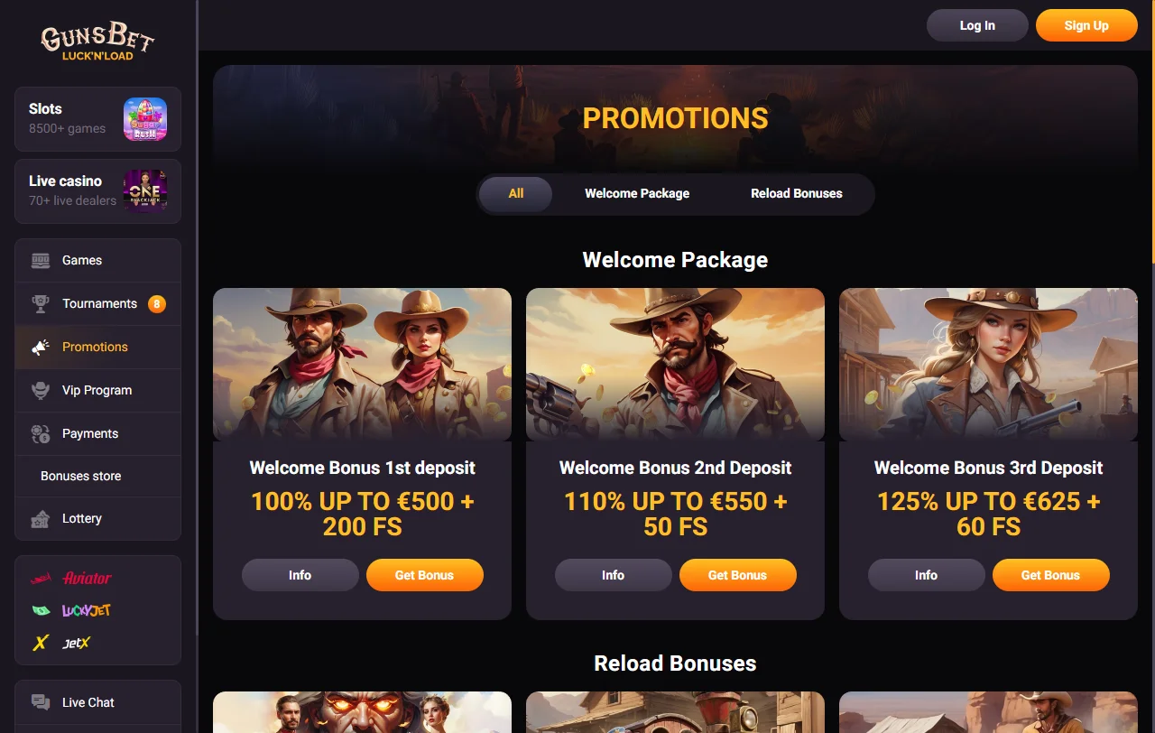 Bono de bienvenida de Gunsbet Casino México estructura 100% del depósito inicial con promociones adicionales