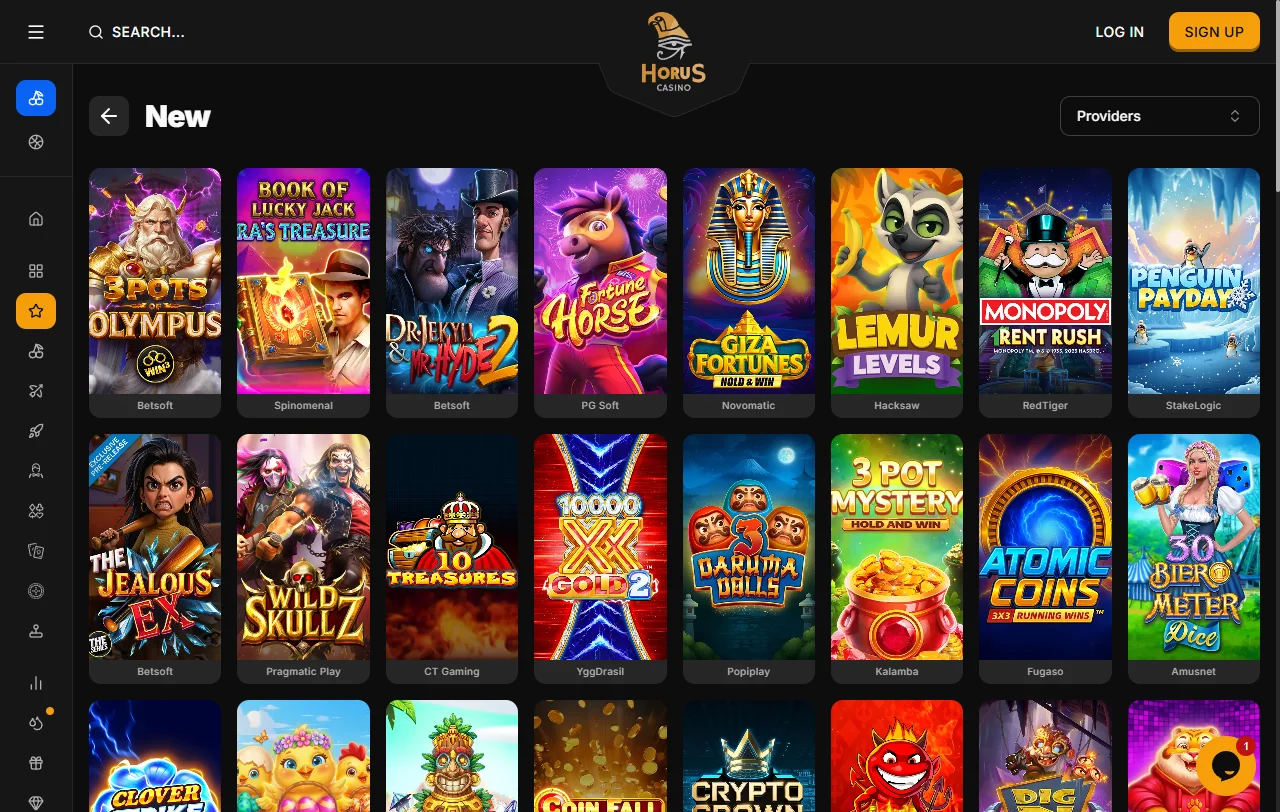 Catálogo de juegos de Horus Casino México con tragamonedas, mesa en vivo y proveedores premium