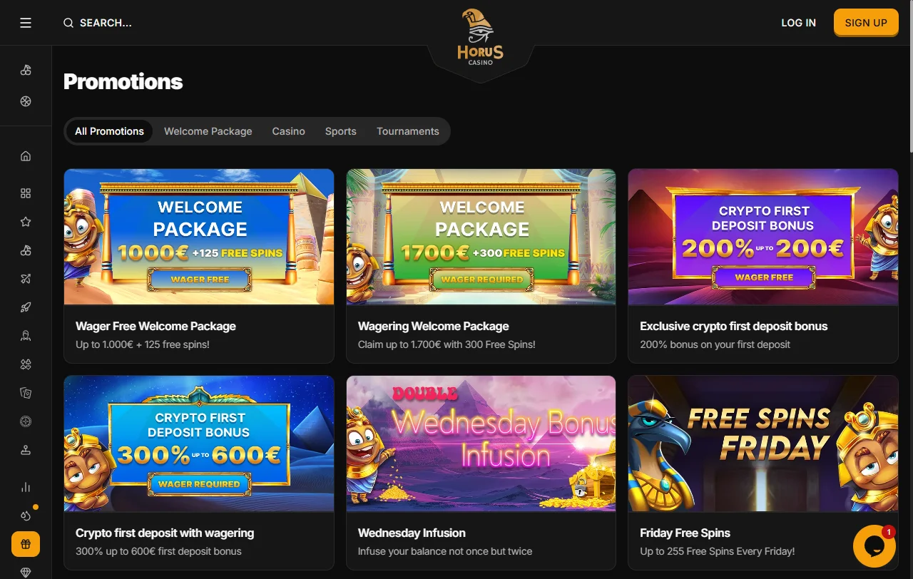 Estructura de bonificación de Horus Casino México incluyendo bono de bienvenida y promociones