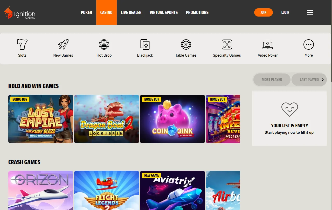 Catálogo de juegos en Ignition Casino México - máquinas tragamonedas, juegos de mesa y casino en vivo