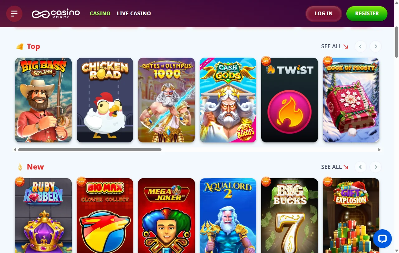 Catálogo de juegos de Infinity Casino México incluyendo tragamonedas y casino en vivo con crupiers profesionales