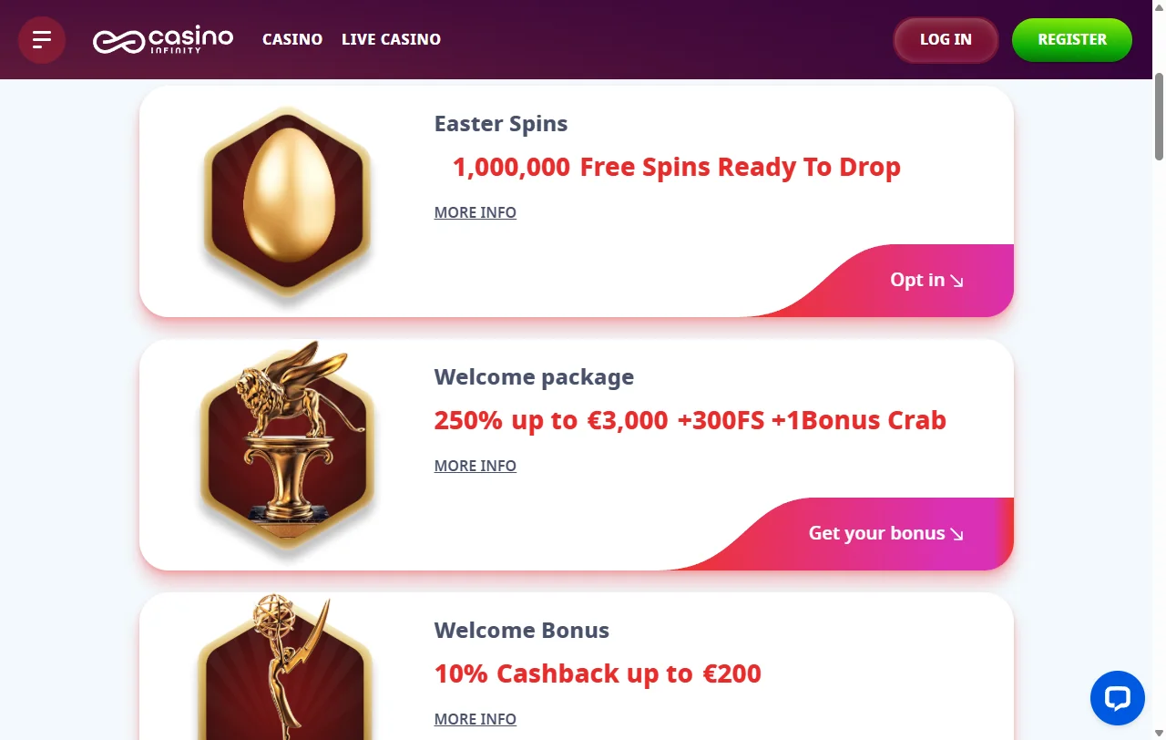 Estructura de bonificación de Infinity Casino México con bono de bienvenida hasta 100% y giros gratis