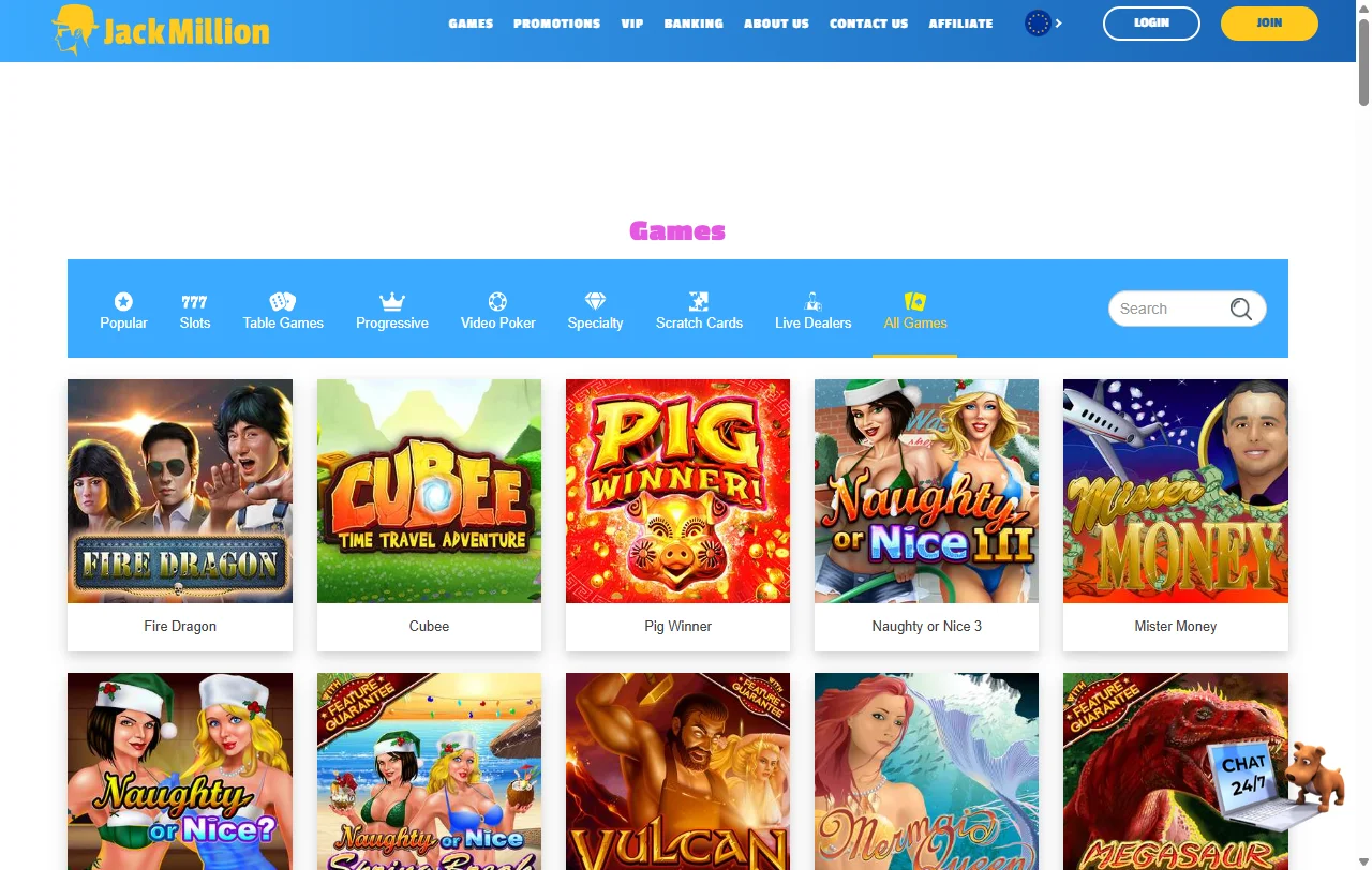 Catálogo de juegos en Jack Million Casino México con proveedores Pragmatic Play y Evolution Gaming