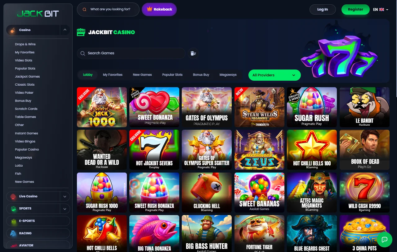 Catálogo de juegos de Jackbit Casino México con tragamonedas, mesa y crupier en vivo de múltiples proveedores