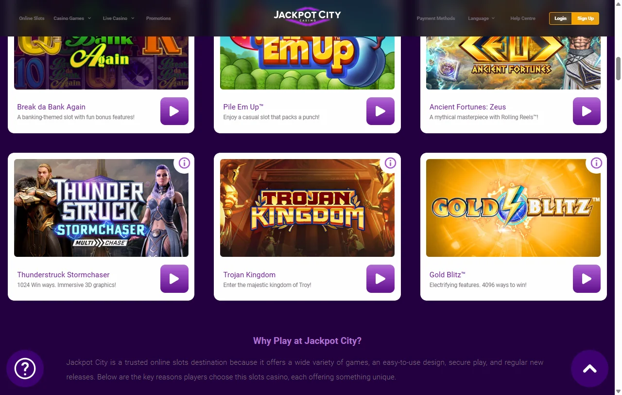 Catálogo de juegos en Jackpot City Casino México incluyendo tragamonedas de Pragmatic Play y Evolution Gaming