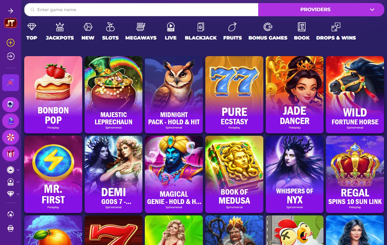 Catálogo de juegos de JackTop Casino México incluyendo tragamonedas, mesas en vivo y proveedores de software