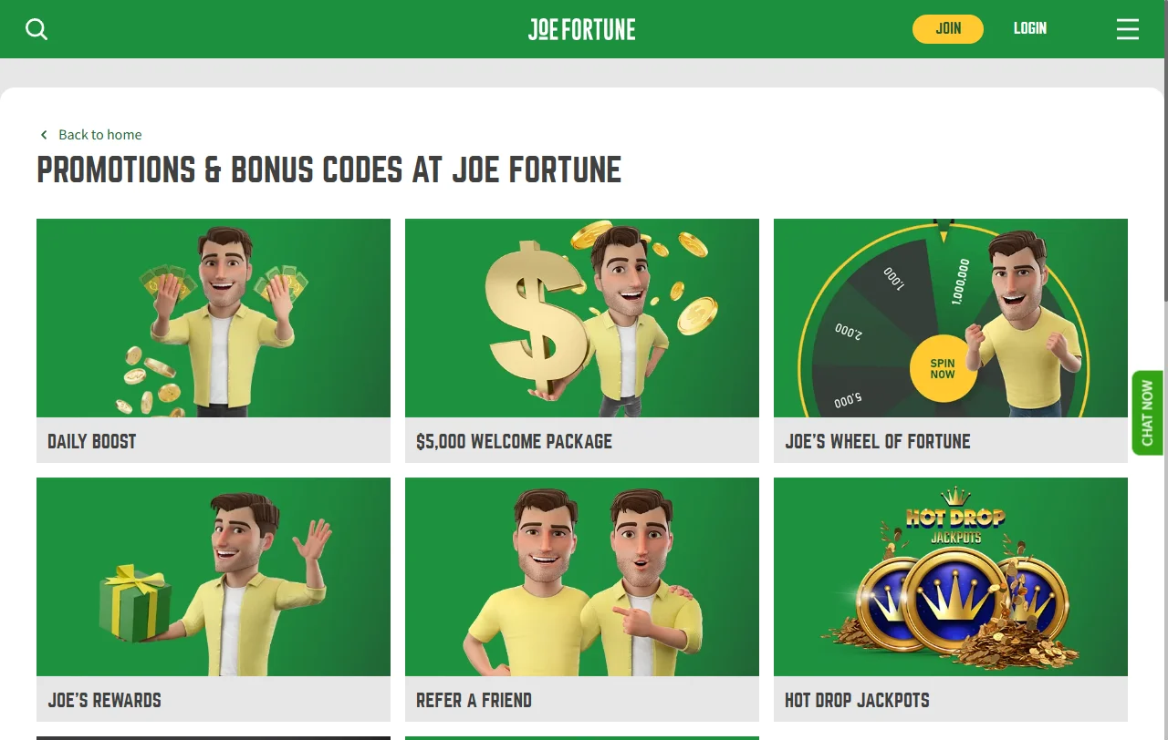 Catálogo de juegos en Joe Fortune Casino México con tragamonedas, mesa y opciones de casino en vivo