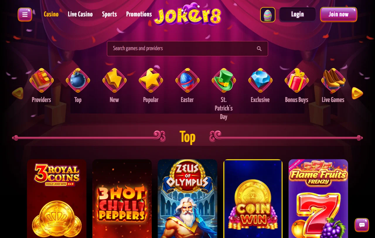 Catálogo de juegos de Joker8 Casino México incluyendo tragamonedas, mesa en vivo y proveedores de software