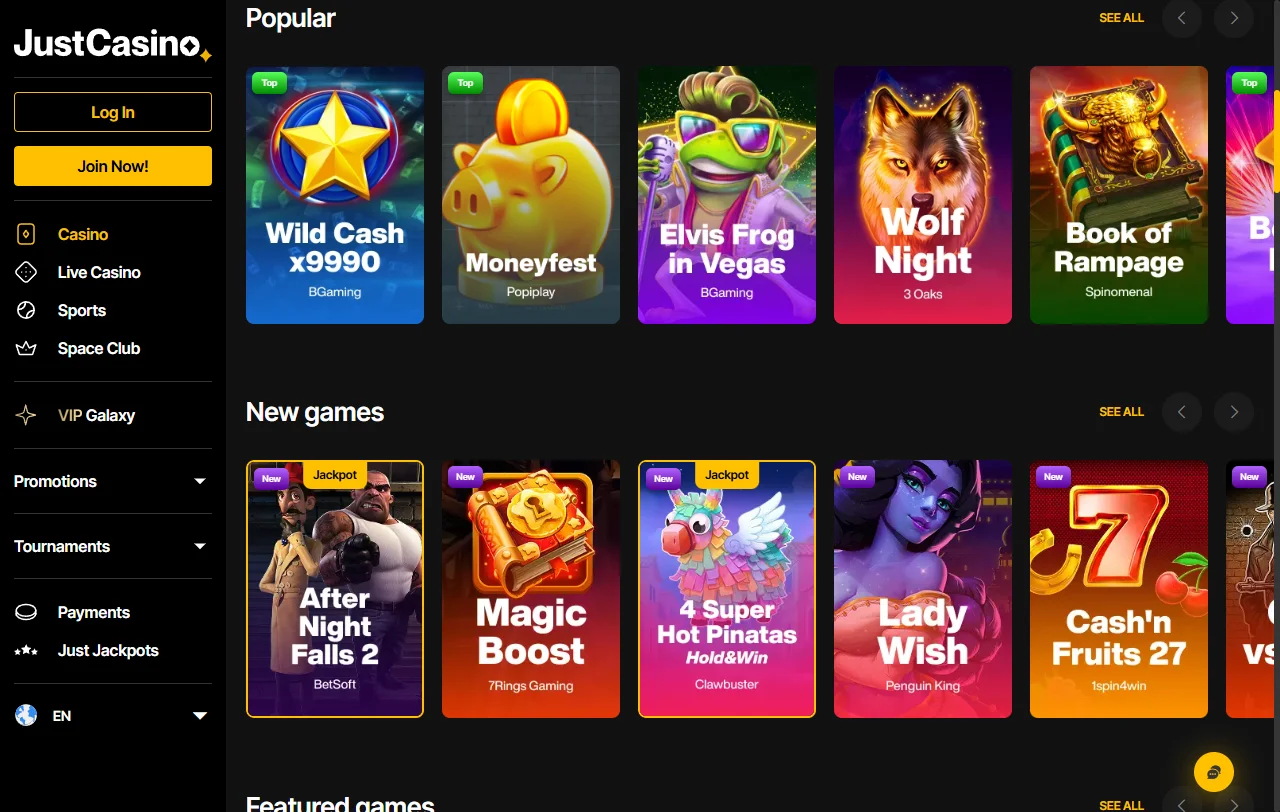 Catálogo de juegos y proveedores de software en Just Casino México