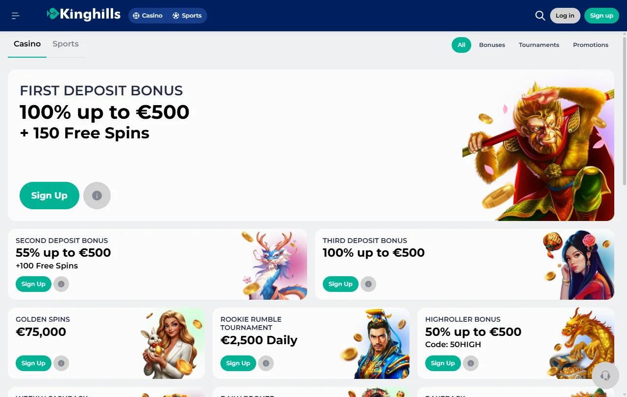 Catálogo de juegos en KingHills Casino México incluyendo máquinas tragamonedas, mesa en vivo y proveedores de software