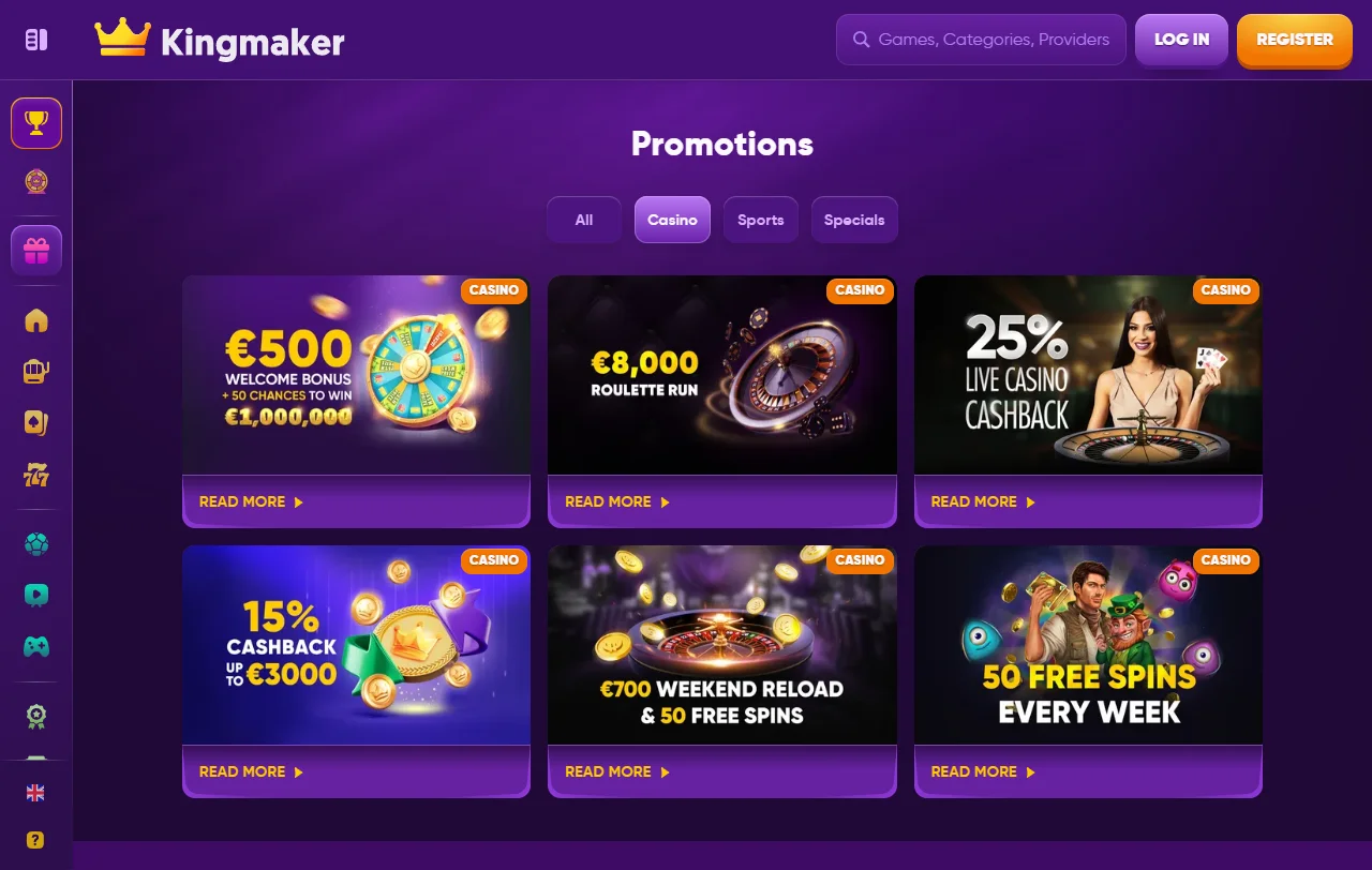 Catálogo de tragamonedas, juegos de mesa y opciones de casino en vivo en Kingmaker Casino México