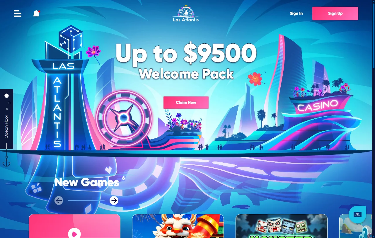 Interfaz de escritorio completa de Las Atlantis Casino México mostrando navegación principal, catálogo de juegos y opciones de cuenta